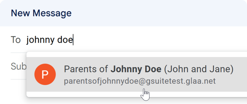 A screenshot of the "New Message" dialog in Gmail. The user has typed "johnny doe" into the "To" textbox. Beneath it, a dropdown suggests "Parents of Johnny Doe (John and Jane)".